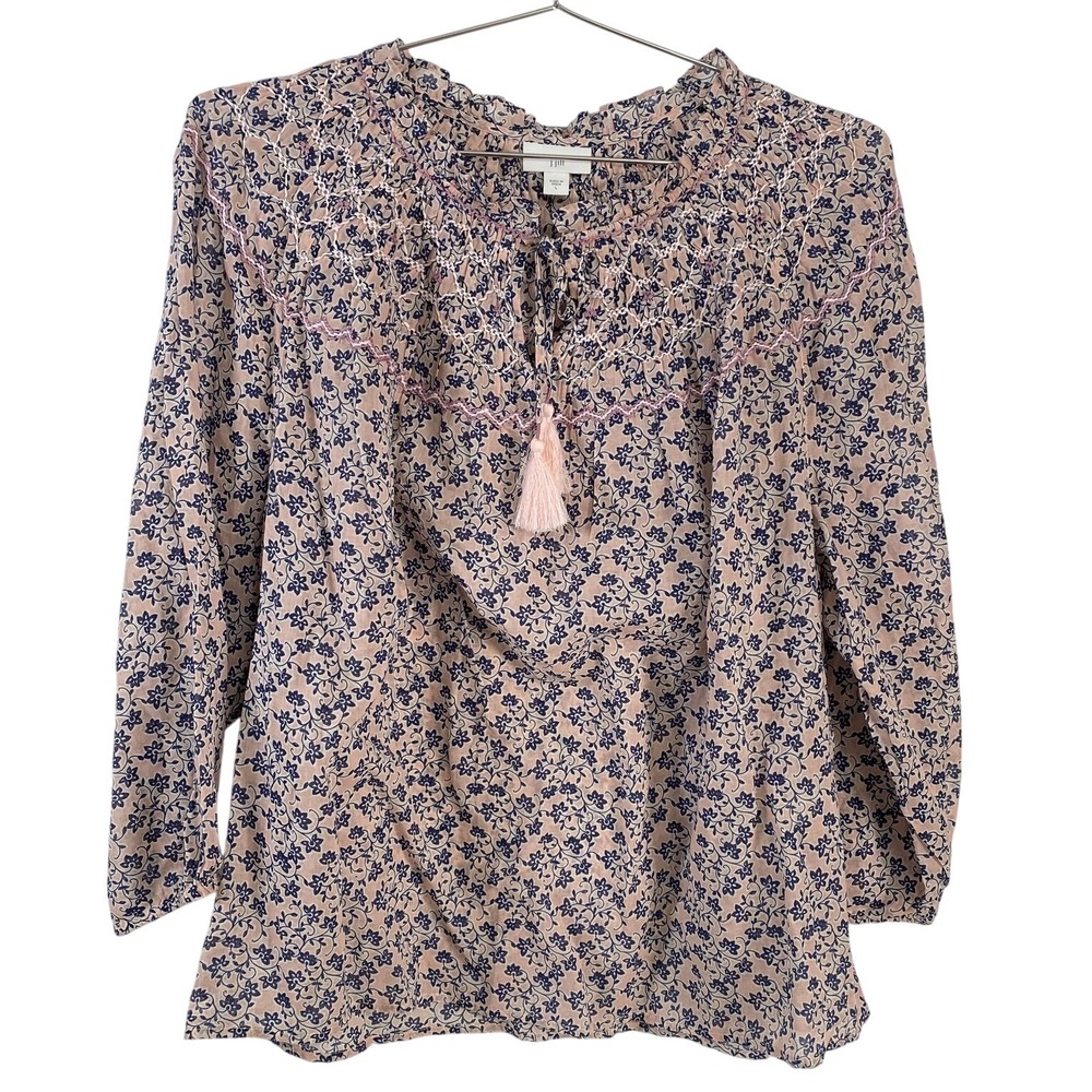 J.Jill Shirt Womens Large Pink Blue Floral Embroidered Boho Peasant Tassel Tunic